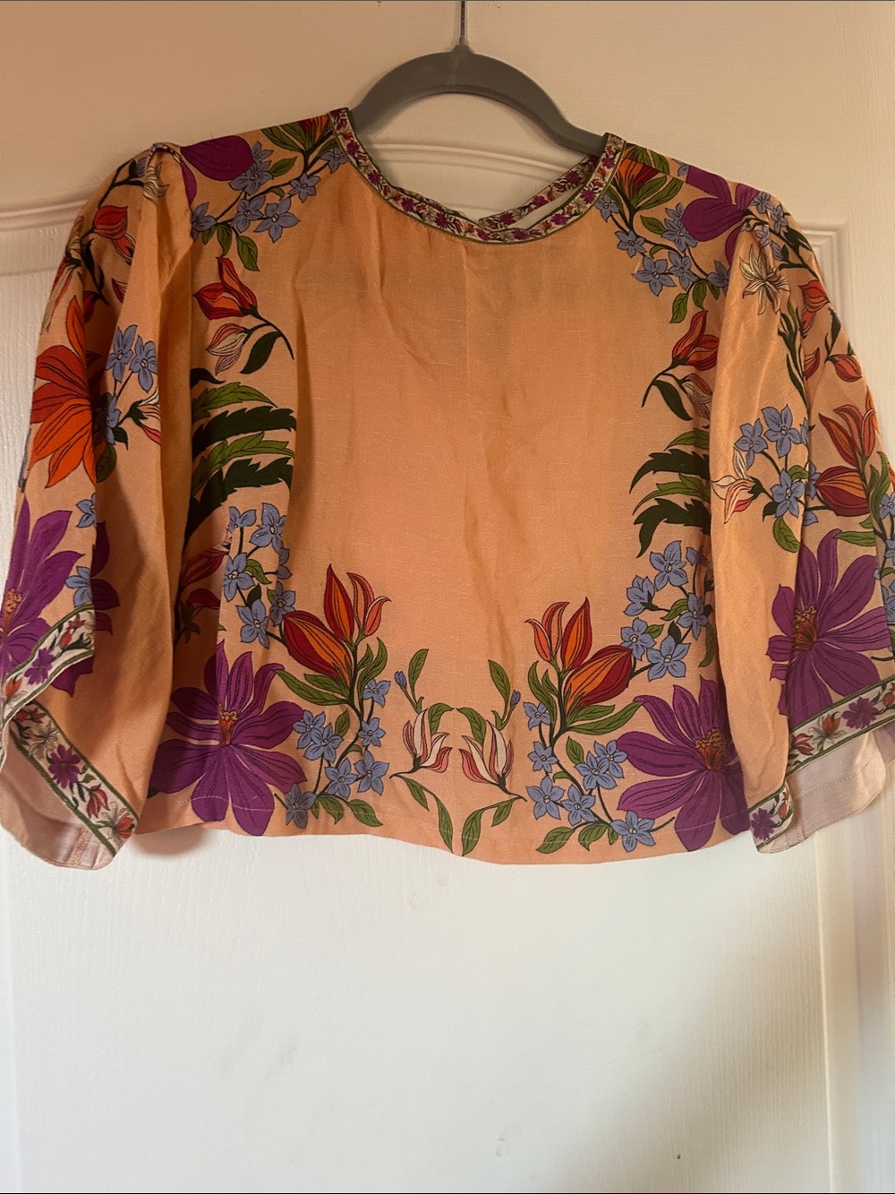 Peach Floral Puff-Sleeve Blouse with Purple Accents